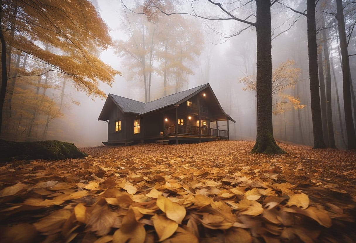 Golden leaves cover the ground as misty fog rolls through the Smoky Mountains in November. A cozy cabin sits nestled among the trees, with a backdrop of colorful autumn foliage