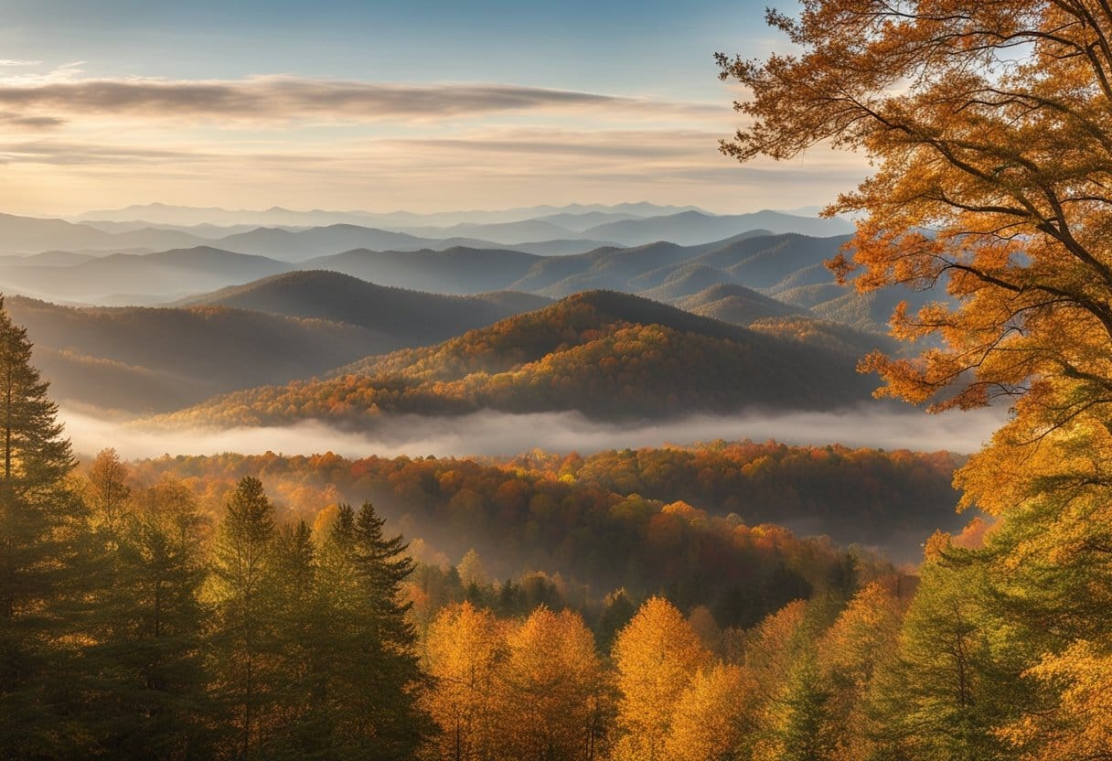 Autumn leaves cover the ground in Pigeon Forge, with the Smoky Mountains rising in the background, and a light mist hangs in the air