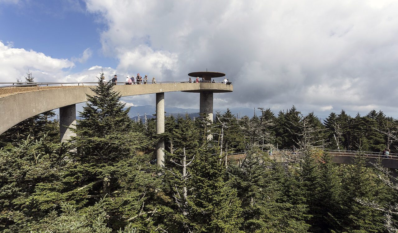 The curving concrete ramp of the Kuwohi Observation Tower rising above dark spruce and fir trees under a cloudy sky in Great Smoky Mountains National Park