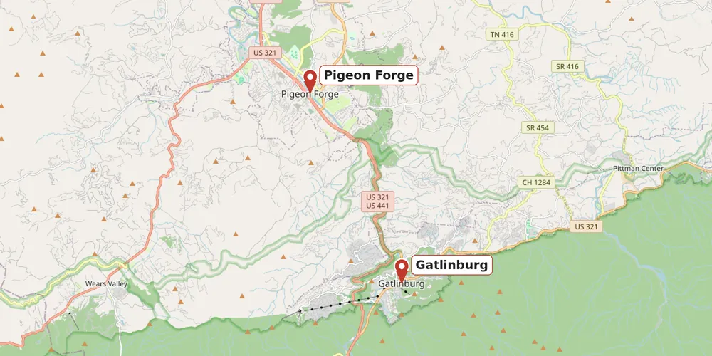 Map of Gatlinburg and Pigeon Forge, Tennessee