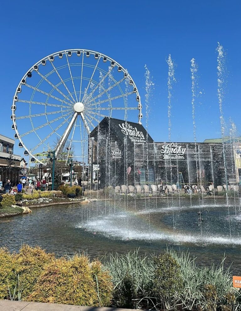 The Great Smoky Mountain Wheel and show fountain at The Island in Pigeon Forge