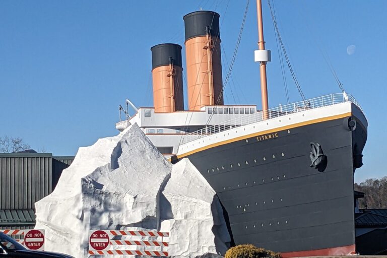 The ship-shaped Titanic Museum Attraction with its iceberg on the Parkway in Pigeon Forge