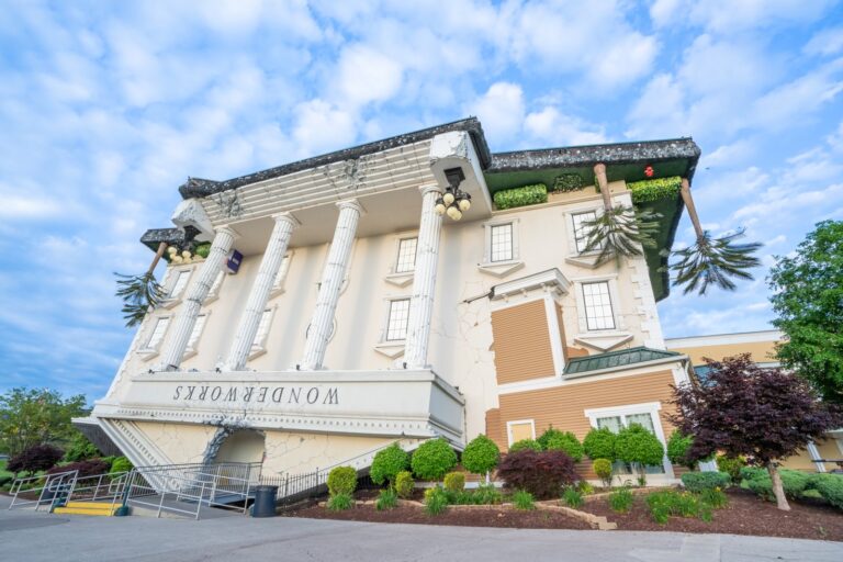 The upside-down WonderWorks building in Pigeon Forge with its columns and roof flipped skyward